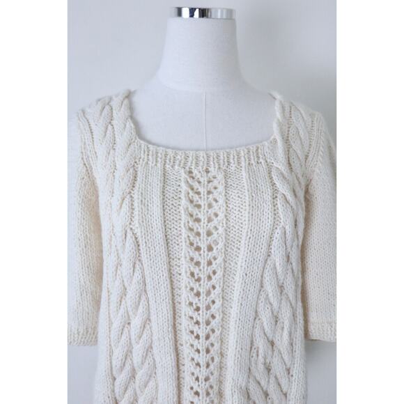 Handmade Cottagecore Short Sleeve Sweater Top Square Neck Cream Cable Knit - Picture 3 of 12